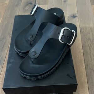 Prada Black Leather Thong Sandals with Silver Buckle